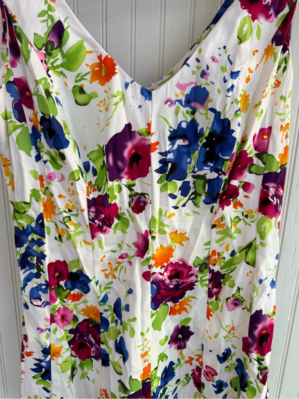 Floral V-Neck Cotton Summer Dress in White with Multicolor Bloom - Picture 2 of 6